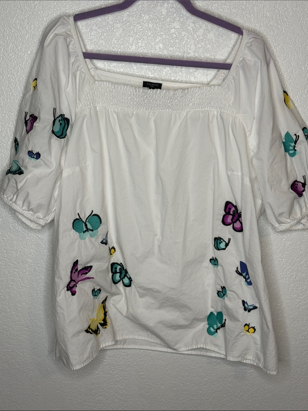 Talbots White Embroidered Butterfly Peasant Top Size 2X